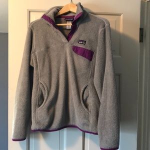 Patagonia gray pullover fleece with purple detail